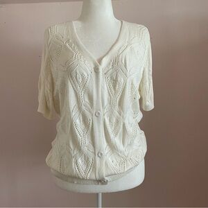 Grace Karin Cream Lace Crochet Short Sleeve Cardigan Sweater XL V-Neck